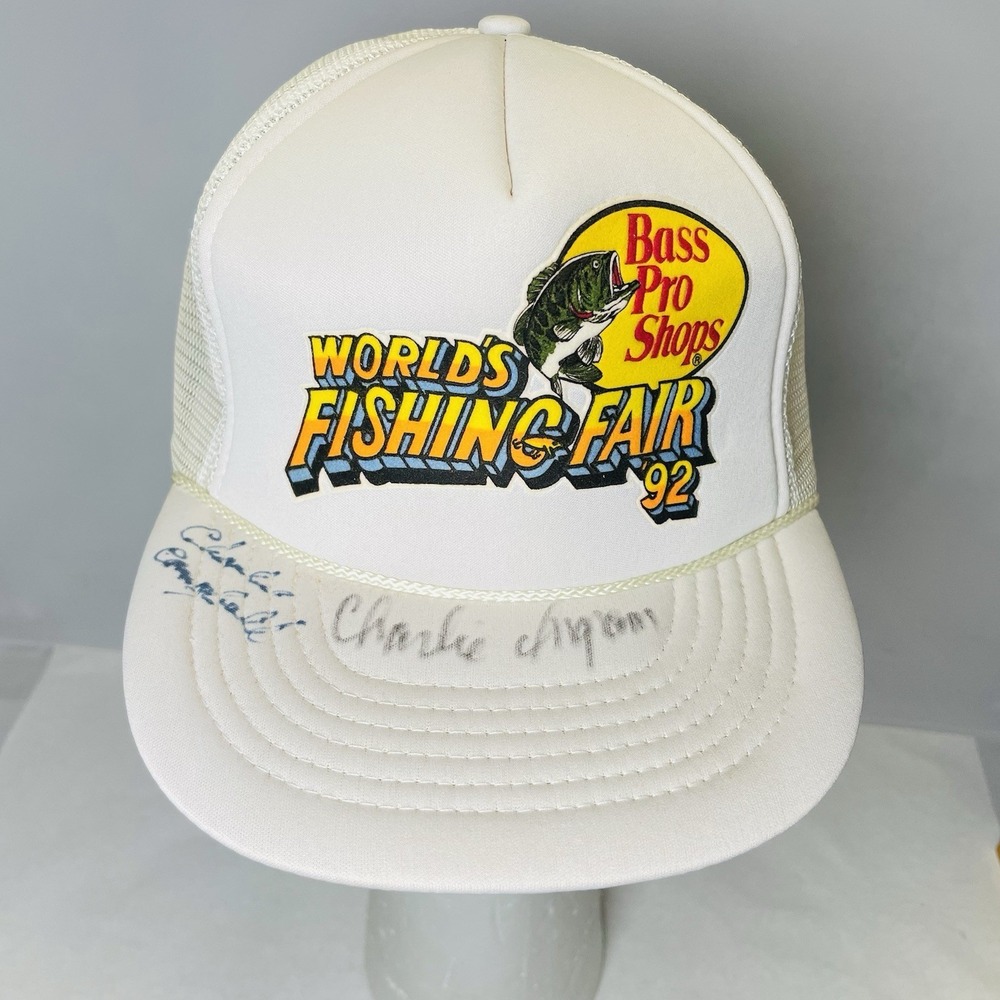 Vintage 1992 Bass Pro Shops Worlds Fishing Fair Snapback Trucker Hat signed